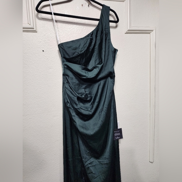 Lulus Dreaming of Elegance Emerald Satin One-Shoulder Maxi Dress S Wedding Party - Picture 7 of 9